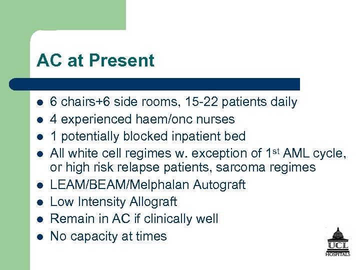 AC at Present l l l l 6 chairs+6 side rooms, 15 -22 patients