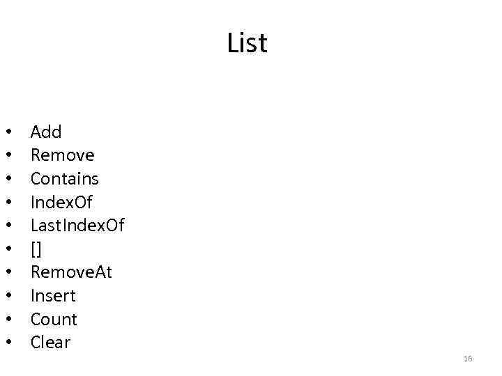 List • • • Add Remove Contains Index. Of Last. Index. Of [] Remove.