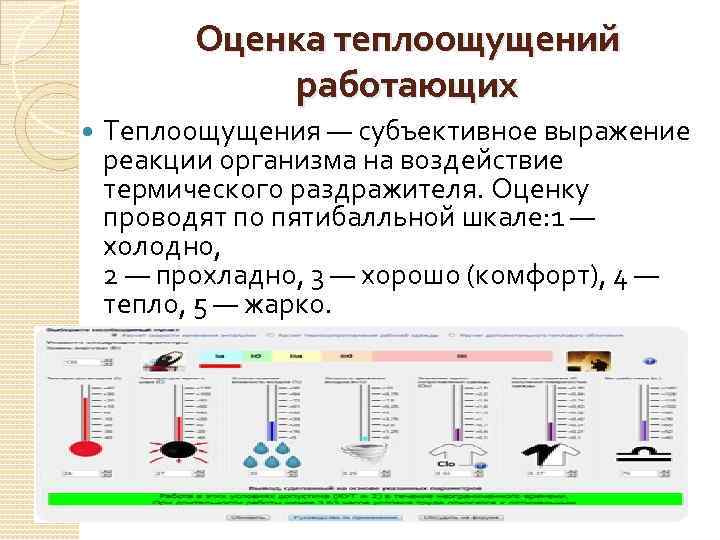 Оценка теплоощущений работающих Теплоощущения — субъективное выражение реакции организма на воздействие термического раздражителя. Оценку