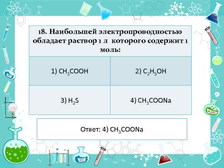 18. Наибольшей электропроводностью обладает раствор 1 л которого содержит 1 моль: 1) СН 3