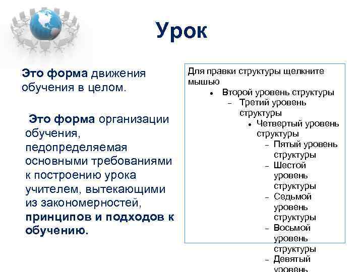 Урок Это форма движения обучения в целом. Это форма организации обучения, педопределяемая основными требованиями