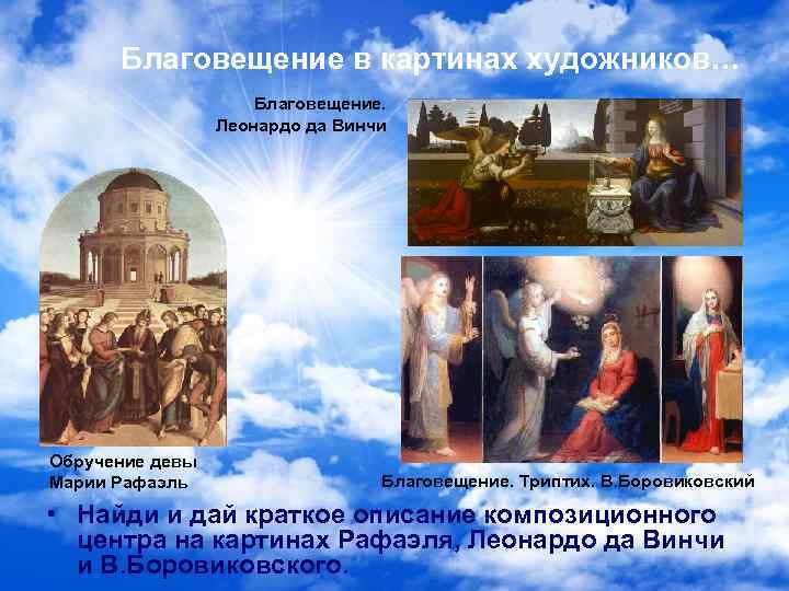 Благовещение в картинах художников… Благовещение. Леонардо да Винчи Обручение девы Марии Рафаэль Благовещение. Триптих.