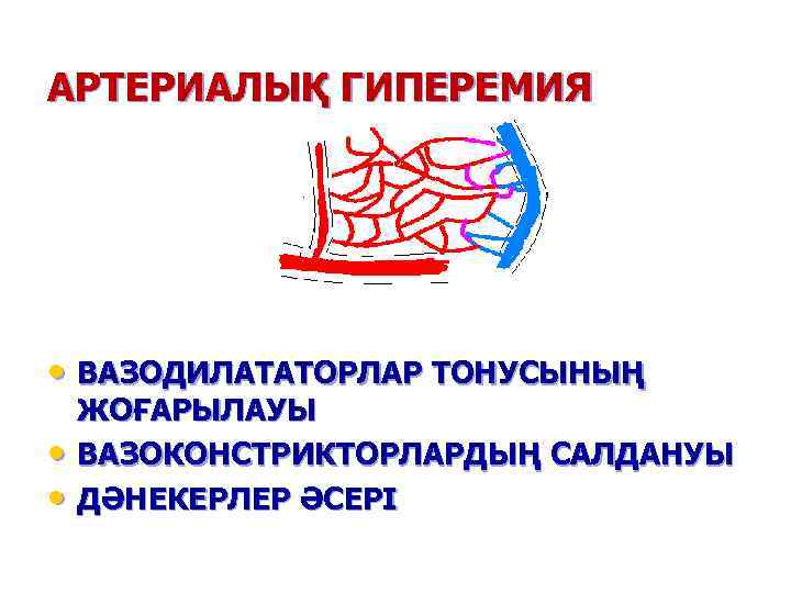 АРТЕРИАЛЫҚ ГИПЕРЕМИЯ • ВАЗОДИЛАТАТОРЛАР ТОНУСЫНЫҢ • • ЖОҒАРЫЛАУЫ ВАЗОКОНСТРИКТОРЛАРДЫҢ САЛДАНУЫ ДӘНЕКЕРЛЕР ӘСЕРІ 