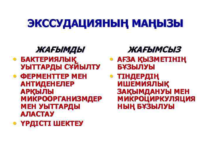 ЭКССУДАЦИЯНЫҢ МАҢЫЗЫ ЖАҒЫМДЫ ЖАҒЫМСЫЗ • БАКТЕРИЯЛЫҚ • АҒЗА ҚЫЗМЕТІНІҢ • • • УЫТТАРДЫ СҰЙЫЛТУ