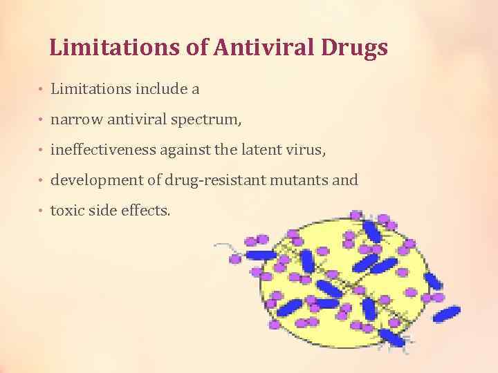 Limitations of Antiviral Drugs • Limitations include a • narrow antiviral spectrum, • ineffectiveness