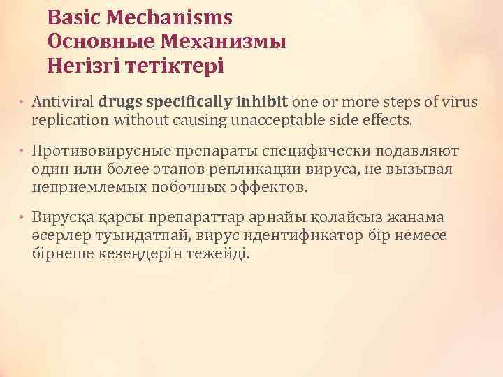 Basic Mechanisms Основные Механизмы Негізгі тетіктері • Antiviral drugs specifically inhibit one or more