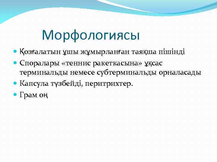 Морфологиясы Қозғалатын ұшы жұмырланған таяқша пішінді Споралары «теннис ракеткасына» ұқсас терминальды немесе субтерминальды орналасады