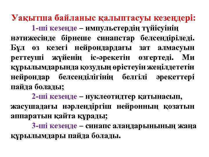 Уақытша байланыс қалыптасуы кезеңдері: 1 -ші кезеңде – импульстердің түйісуінің нәтижесінде бірнеше синапстар белсендіріледі.