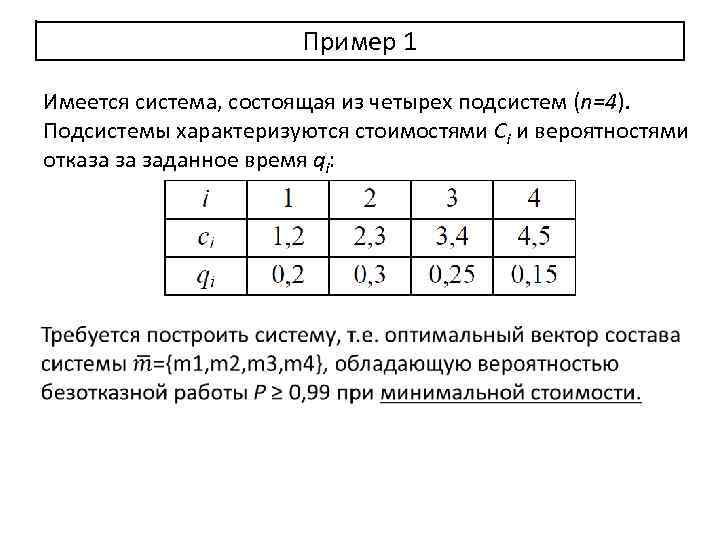 Пример 1 Имеется система, состоящая из четырех подсистем (n=4). Подсистемы характеризуются стоимостями Ci и