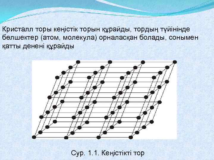 Кристалл торы кеңістік торын құрайды, тордың түйінінде бөлшектер (атом, молекула) орналасқан болады, сонымен қатты