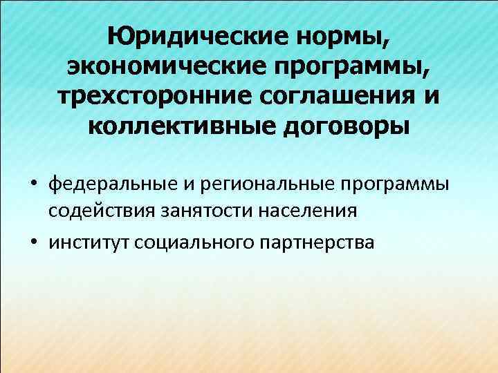 Юридические нормы, экономические программы, трехсторонние соглашения и коллективные договоры • федеральные и региональные программы