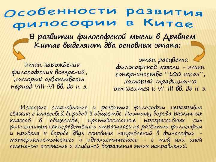 В развитии философской мысли в Древнем Китае выделяют два основных этапа: этап зарождения философских