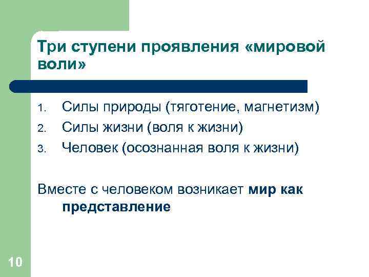 Три ступени проявления «мировой воли» 1. 2. 3. Силы природы (тяготение, магнетизм) Силы жизни