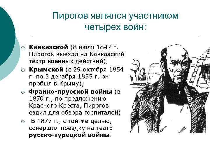 Пирогов являлся участником четырех войн: ¡ ¡ Кавказской (8 июля 1847 г. Пирогов выехал