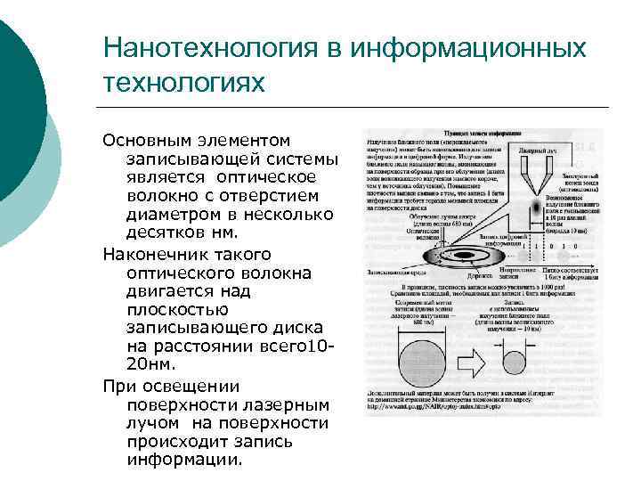 Нанотехнология в информационных технологиях Основным элементом записывающей системы является оптическое волокно с отверстием диаметром