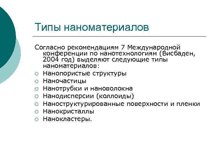 Типы наноматериалов Согласно рекомендациям 7 Международной конференции по нанотехнологиям (Висбаден, 2004 год) выделяют следующие
