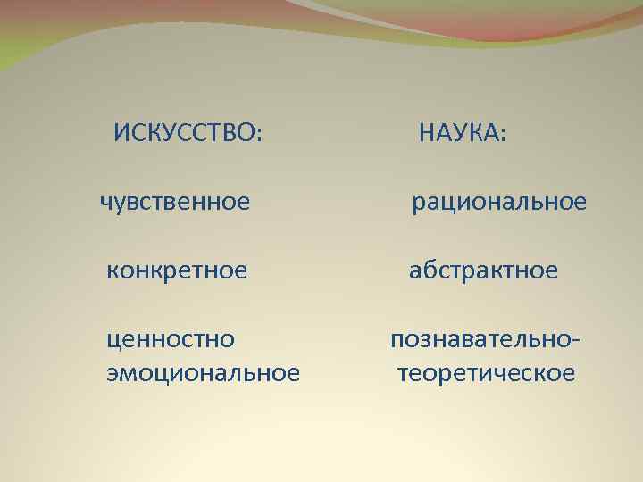  ИСКУССТВО: НАУКА: чувственное рациональное конкретное абстрактное ценностно познавательно- эмоциональное теоретическое 