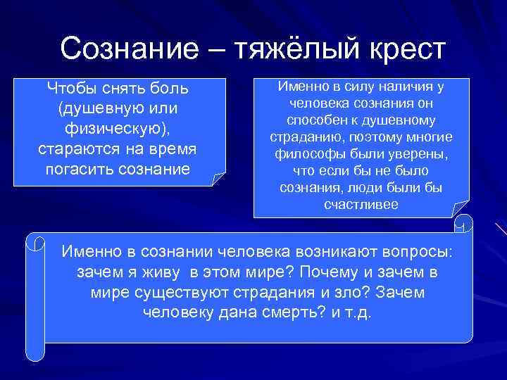 Сознание – тяжёлый крест Чтобы снять боль (душевную или физическую), стараются на время погасить