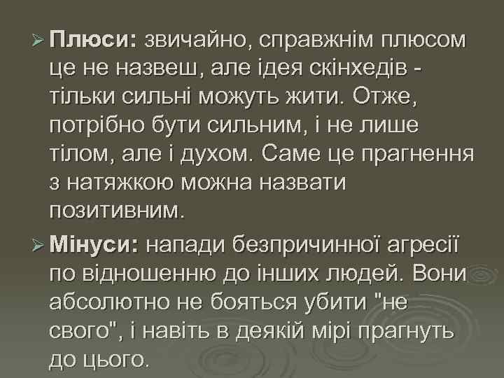 Ø Плюси: звичайно, справжнім плюсом це не назвеш, але ідея скінхедів - тільки сильні