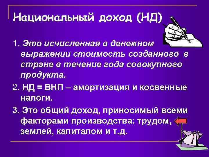 Национальный доход (НД) 1. Это исчисленная в денежном выражении стоимость созданного в стране в