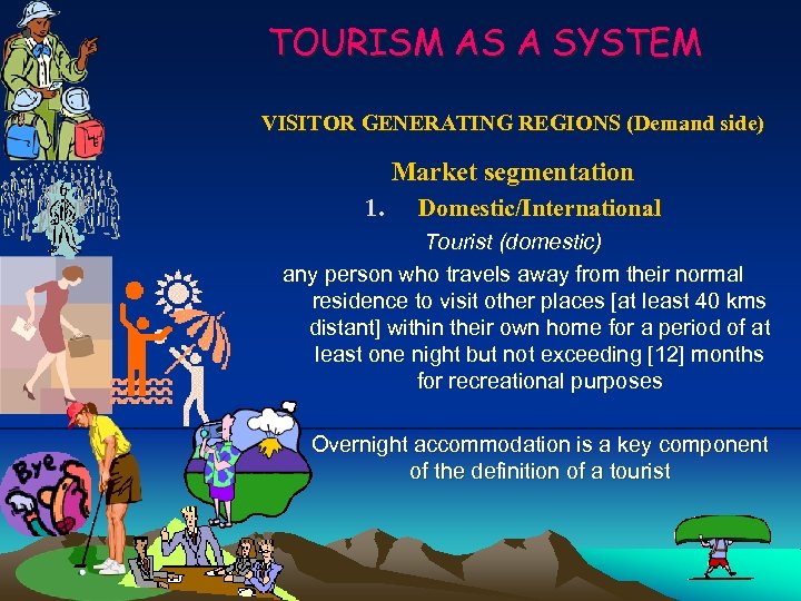 TOURISM AS A SYSTEM VISITOR GENERATING REGIONS (Demand side) Market segmentation 1. Domestic/International Tourist