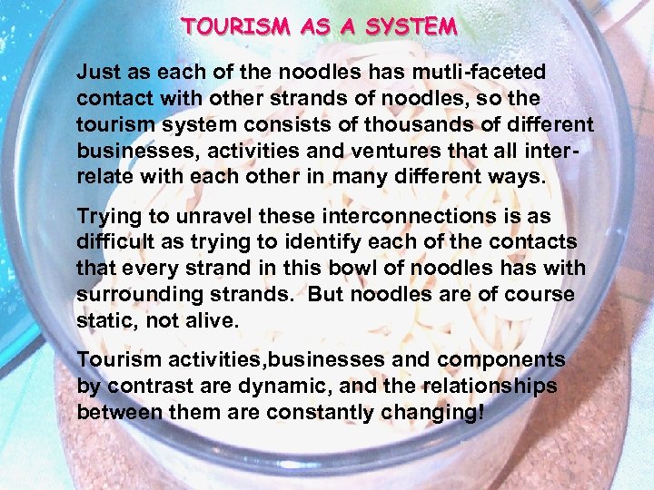 TOURISM AS A SYSTEM Just as each of the noodles has mutli-faceted contact with