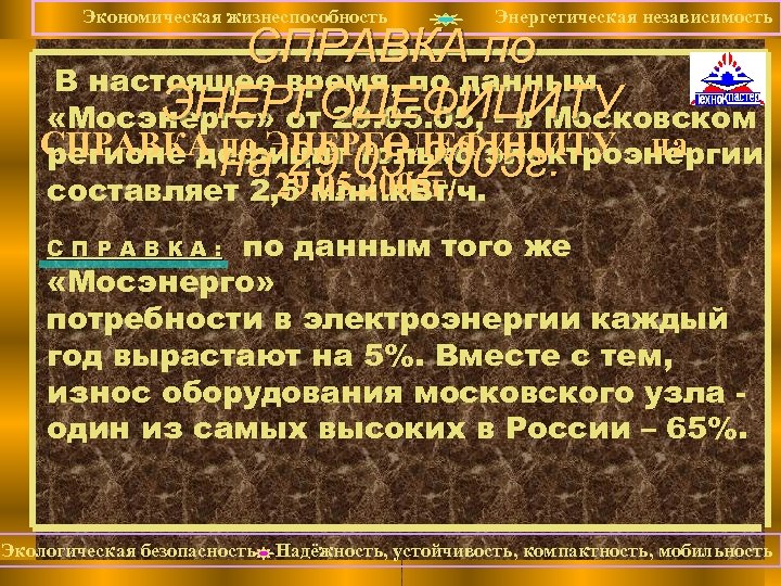 Экономическая жизнеспособность Энергетическая независимость СПРАВКА по В настоящее время, по данным ЭНЕРГОДЕФИЦИТУ «Мосэнерго» от