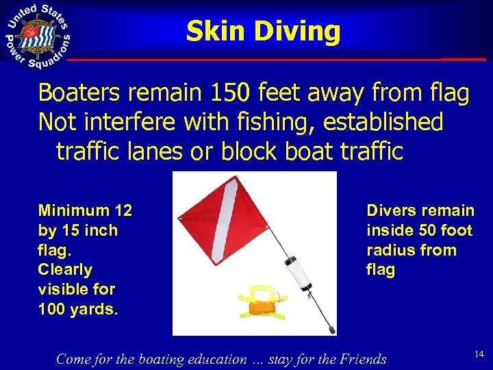 Skin Diving Boaters remain 150 feet away from flag Not interfere with fishing, established