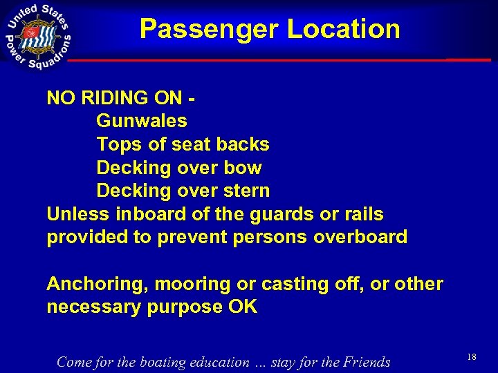 Passenger Location NO RIDING ON Gunwales Tops of seat backs Decking over bow Decking