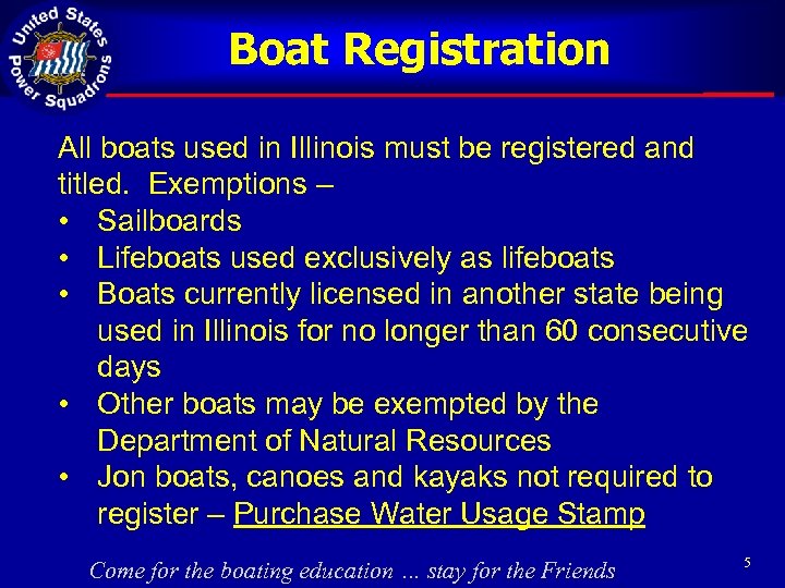 Boat Registration All boats used in Illinois must be registered and titled. Exemptions –