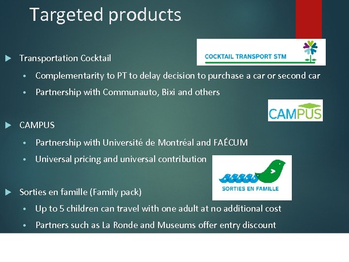 Targeted products Transportation Cocktail • • Complementarity to PT to delay decision to purchase