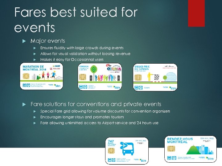 Fares best suited for events Major events Allows for visual validation without loosing revenue