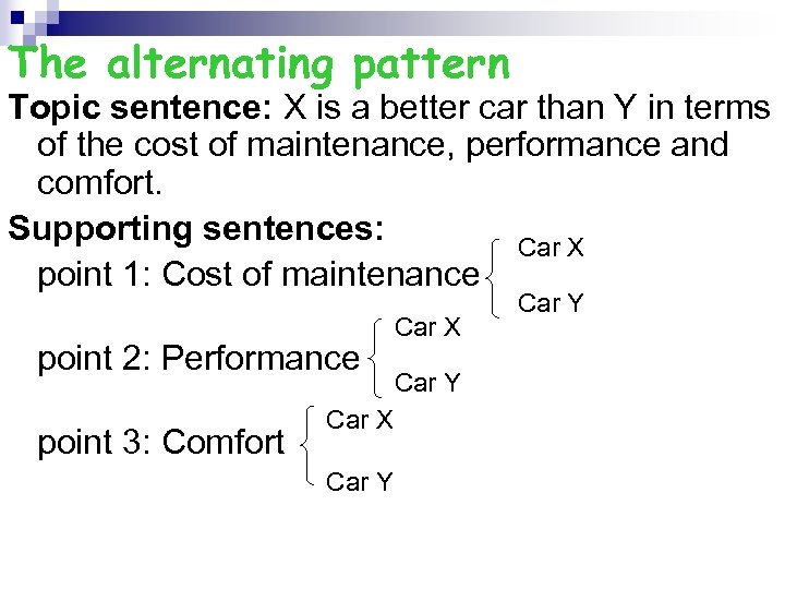 The alternating pattern Topic sentence: X is a better car than Y in terms