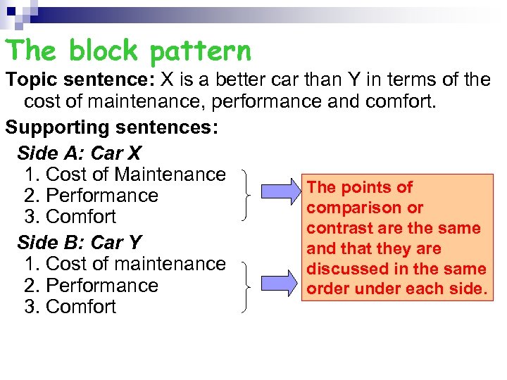 The block pattern Topic sentence: X is a better car than Y in terms