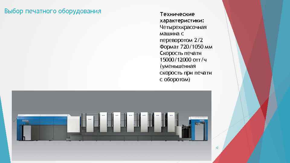Выбор печатного оборудования Технические характеристики: Четырехкрасочная машина с переворотом 2/2 Формат 720/1050 мм Скорость