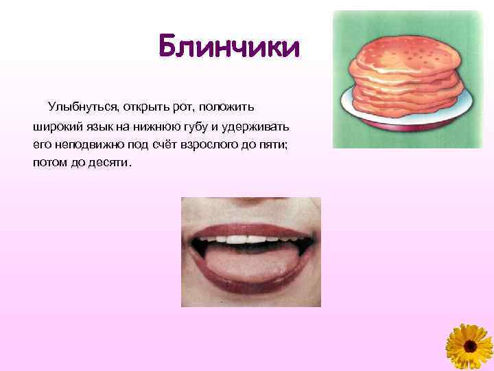 Блинчики Улыбнуться, открыть рот, положить широкий язык на нижнюю губу и удерживать его неподвижно