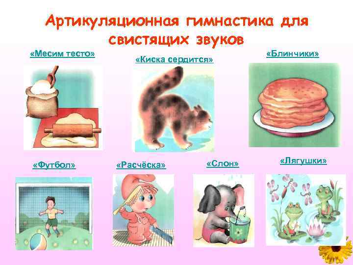 Артикуляционная гимнастика для свистящих звуков «Месим тесто» «Футбол» «Киска сердится» «Расчёска» «Слон» «Блинчики» «Лягушки»