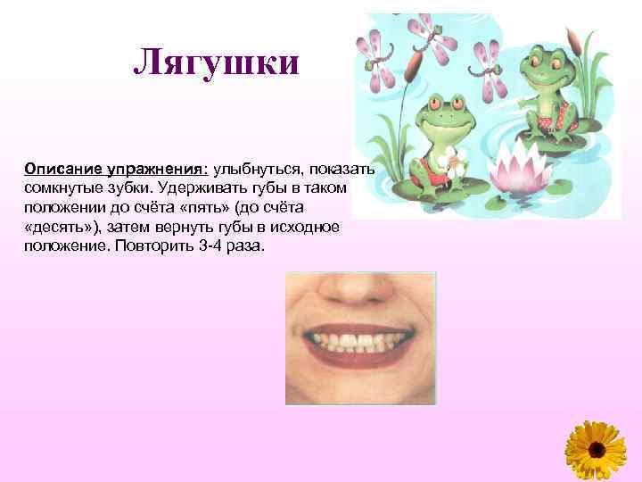Лягушки Описание упражнения: улыбнуться, показать сомкнутые зубки. Удерживать губы в таком положении до счёта