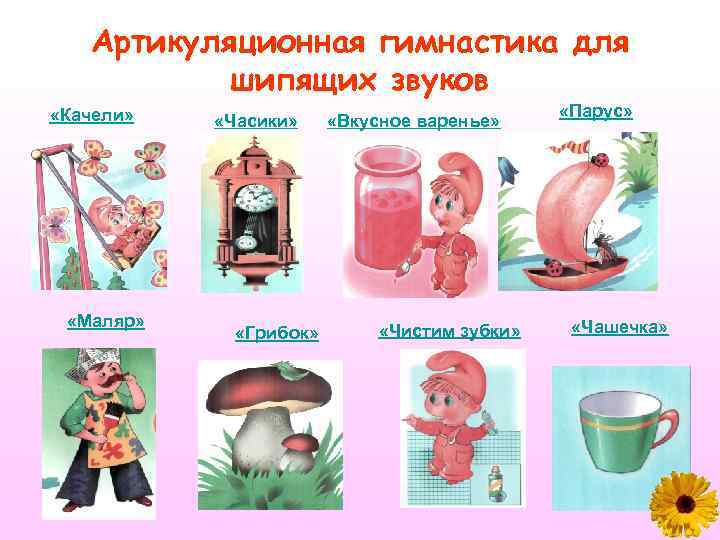 Артикуляционная гимнастика для шипящих звуков «Качели» «Маляр» «Часики» «Грибок» «Вкусное варенье» «Чистим зубки» «Парус»