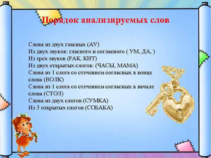 Порядок анализируемых слов Слова из двух гласных (АУ) Из двух звуков: гласного и согласного