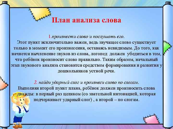 План анализа слова 1. произнести слово и послушать его. Этот пункт исключительно важен, ведь