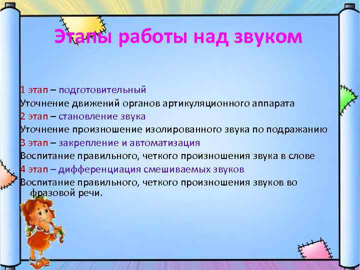 Этапы работы над звуком 1 этап – подготовительный Уточнение движений органов артикуляционного аппарата 2