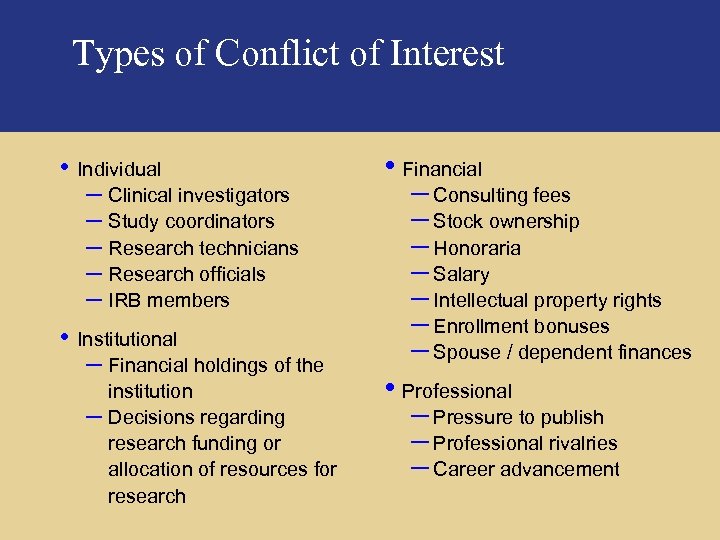 Types of Conflict of Interest • Individual – Clinical investigators – Study coordinators –