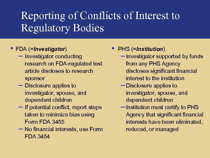 Reporting of Conflicts of Interest to Regulatory Bodies • FDA (=Investigator) – Investigator conducting