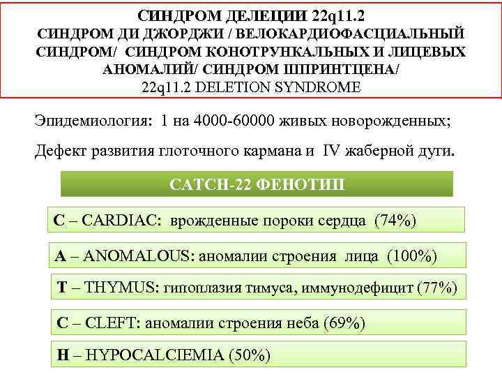 СИНДРОМ ДЕЛЕЦИИ 22 q 11. 2 СИНДРОМ ДИ ДЖОРДЖИ / ВЕЛОКАРДИОФАСЦИАЛЬНЫЙ СИНДРОМ/ СИНДРОМ КОНОТРУНКАЛЬНЫХ