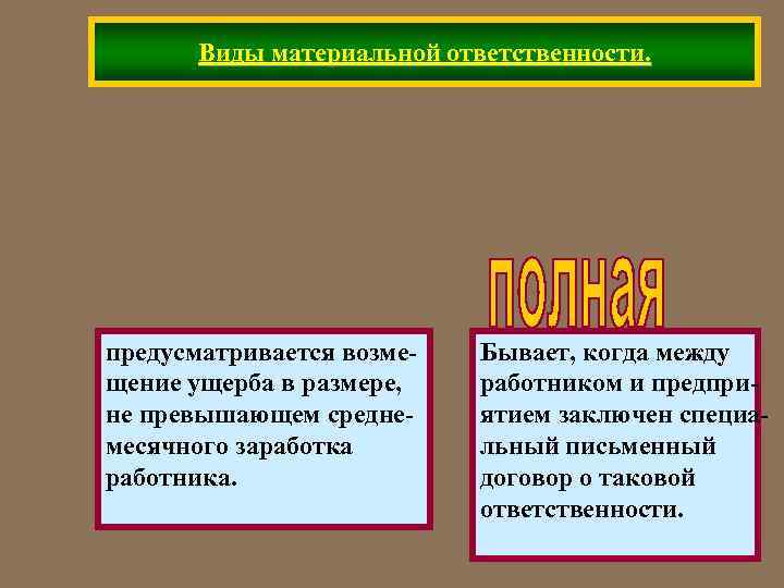 Виды материальной ответственности. предусматривается возмещение ущерба в размере, не превышающем среднемесячного заработка работника. Бывает,