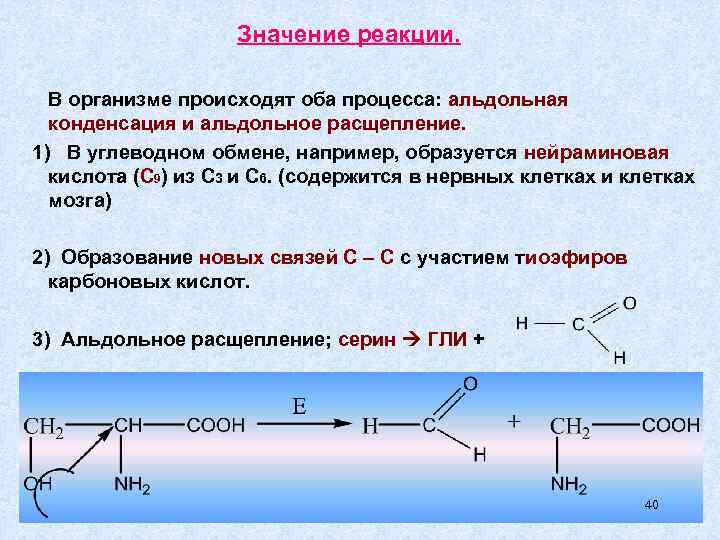 Значение реакции. В организме происходят оба процесса: альдольная конденсация и альдольное расщепление. 1) В