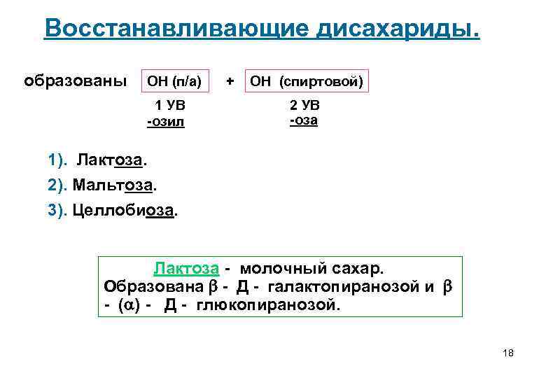 Восстанавливающие дисахариды. образованы ОН (п/а) 1 УВ -озил + ОН (спиртовой) 2 УВ -оза