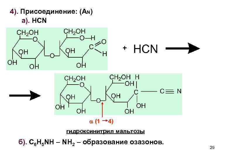 4). Присоединение: (AN) а). HCN + (1 4) гидроксинитрил мальтозы б). C 6 H