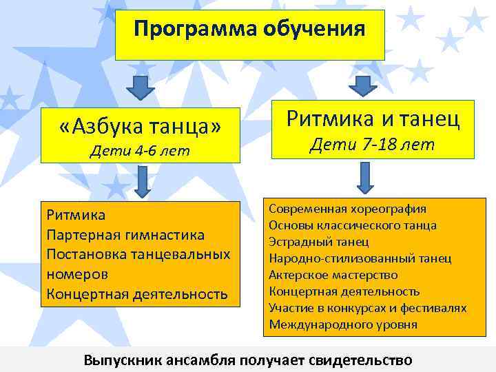 Программа обучения «Азбука танца» Дети 4 -6 лет Ритмика Партерная гимнастика Постановка танцевальных номеров